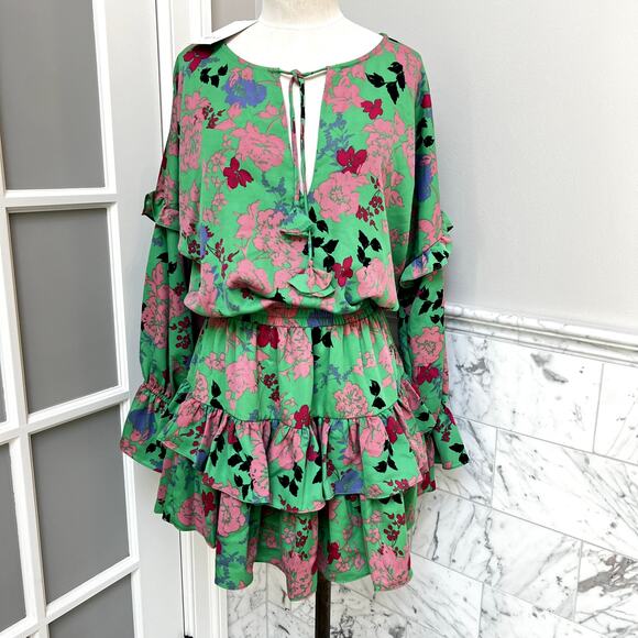 NWT MISA Los Angeles Amalya Dress Small Peony Green Floral Ruffle Mini Smocked - Picture 3 of 7